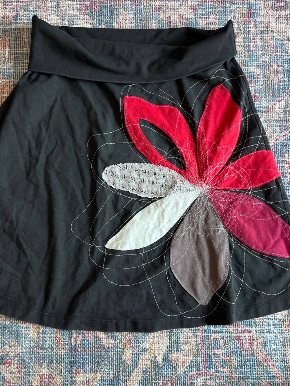 Vintage Black Top with Red Floral Appliqué